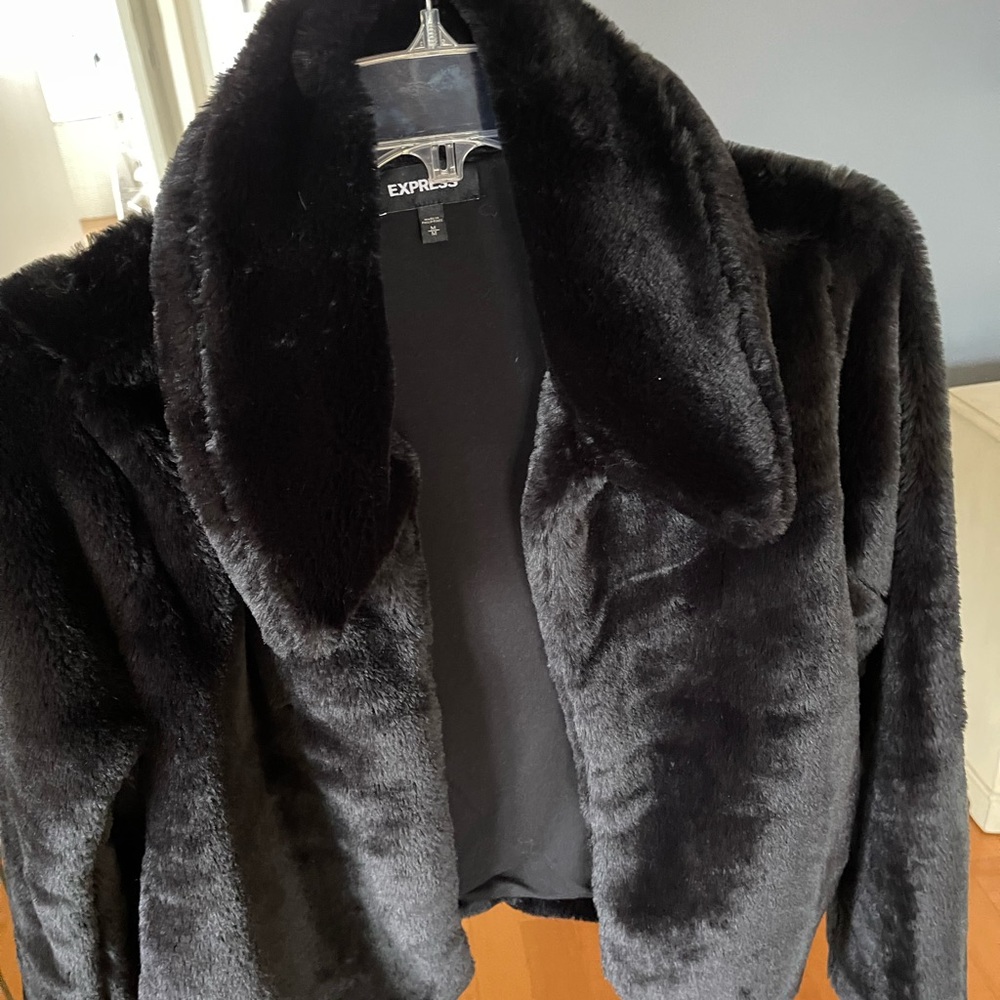 Black faux fur jacket. Express size M barely worn great condition. Hook closures